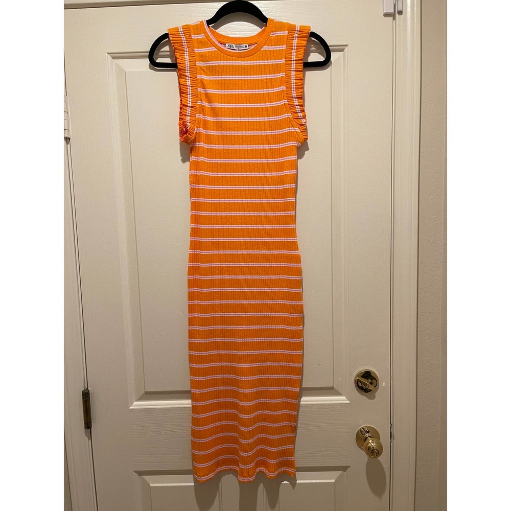 Zara Orange & White Striped Ribbed Mini Dress
